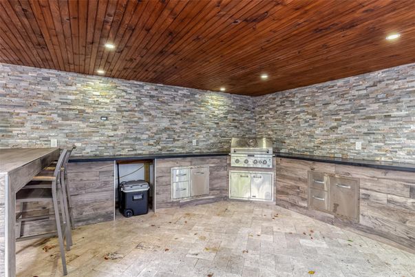Interior, Recessed Lighting, Stone Walls, Wooden Ceilings