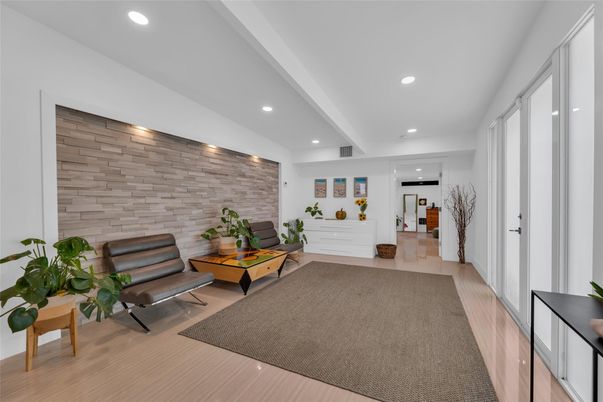 Interior, Recessed Lighting, Stone Walls, Wood Texture Flooring