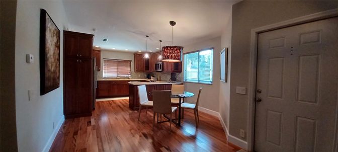 Dining room, Interior, Kitchen, Pendant Lights, Recessed Lighting, Wood Texture Flooring