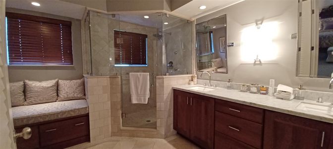 Bathroom, Dual Sink Vanities, Glass Shower, Interior, Recessed Lighting