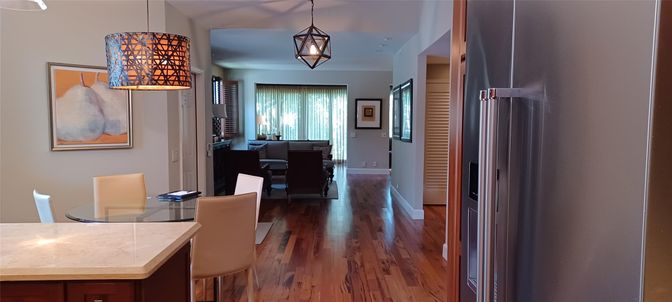 Dining room, Interior, Living room, Pendant Lights, Wood Texture Flooring