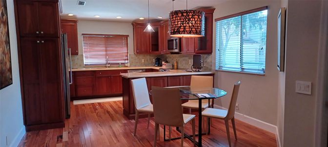 Dining room, Interior, Kitchen, Pendant Lights, Recessed Lighting, Wood Texture Flooring