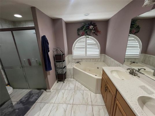 Bathroom, Dual Sink Vanities, Glass Shower, Interior, Marble, Recessed Lighting