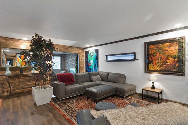 Interior, Living room, Recessed Lighting, Stone Walls, Wood Texture Flooring