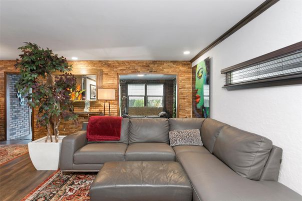 Interior, Living room, Recessed Lighting, Stone Walls, Wood Texture Flooring, Wooden Walls
