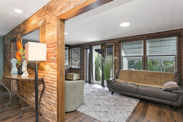 Interior, Recessed Lighting, Stone Walls, Wood Texture Flooring, Wooden Walls