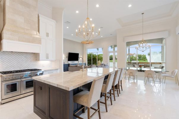 Chandelier, Dining room, Interior, Kitchen, Living room, Pendant Lights, Recessed Lighting, Stainless Steel Appliances