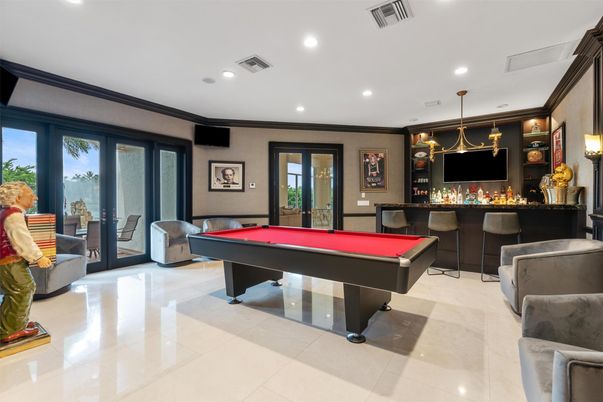 Billiard Table, Chandelier, Game Room, Interior, Recessed Lighting