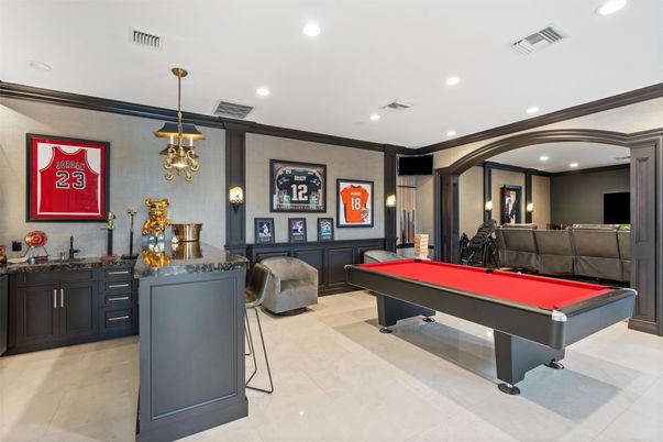 Billiard Table, Chandelier, Game Room, Interior, Pendant Lights, Recessed Lighting