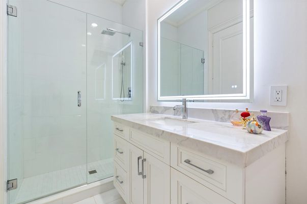 Bathroom, Dual Sink Vanities, Glass Shower, Interior, Recessed Lighting