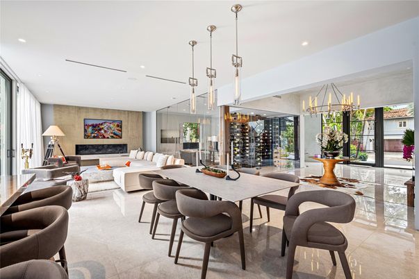 Dining room, Fireplace, Interior, Living room, Pendant Lights, Recessed Lighting, Wine Storage