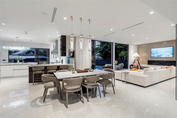 Dining room, Fireplace, Interior, Kitchen, Living room, Pendant Lights, Recessed Lighting