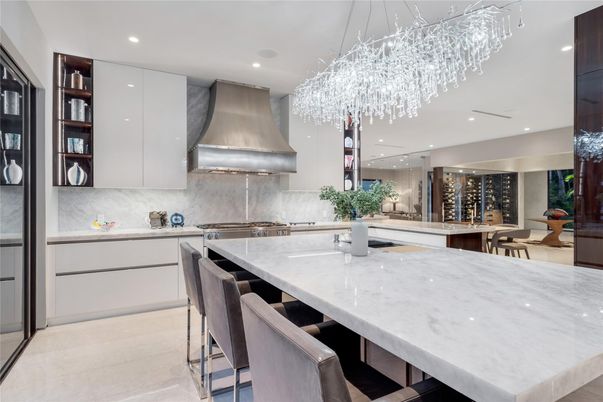 Chandelier, Interior, Kitchen, Recessed Lighting, Stainless Steel Appliances