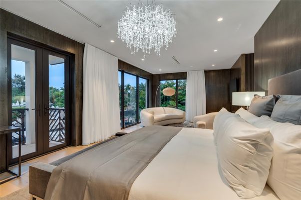 Bedroom, Chandelier, Interior, Recessed Lighting, Wood Texture Flooring