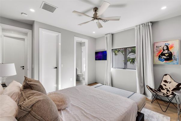 Bedroom, Interior, Recessed Lighting, Wood Texture Flooring