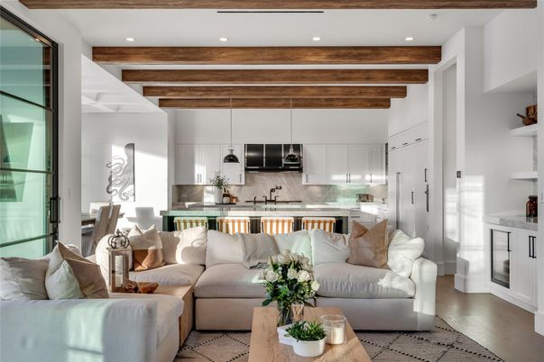 Interior, Kitchen, Living room, Pendant Lights, Recessed Lighting, Stainless Steel Appliances, Wooden Beams, Wood Texture Flooring