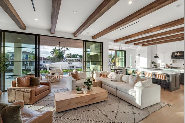 Interior, Kitchen, Living room, Pendant Lights, Recessed Lighting, Wooden Beams, Wood Texture Flooring