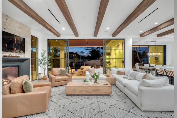 Dining room, Fireplace, Interior, Living room, Pendant Lights, Piano, Recessed Lighting, Stone Walls, Wooden Beams