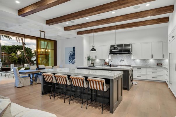 Interior, Kitchen, Pendant Lights, Recessed Lighting, Wooden Beams, Wood Texture Flooring