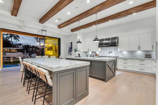 Interior, Kitchen, Pendant Lights, Recessed Lighting, Stainless Steel Appliances, Wooden Beams, Wood Texture Flooring