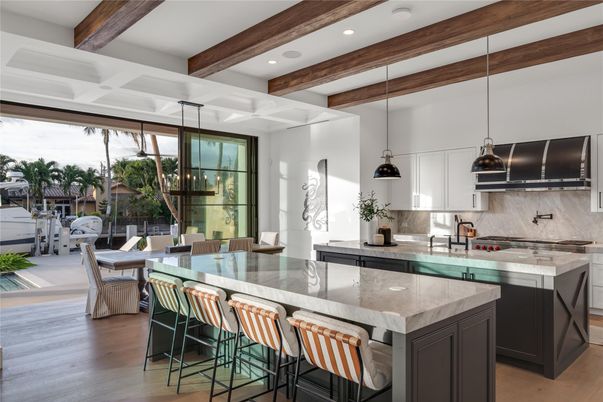 Interior, Kitchen, Pendant Lights, Recessed Lighting, Wooden Beams, Wood Texture Flooring