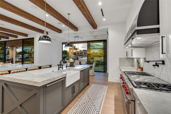 Interior, Kitchen, Pendant Lights, Recessed Lighting, Stainless Steel Appliances, Wooden Beams, Wood Texture Flooring