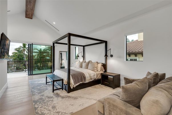 Bedroom, Interior, Recessed Lighting, Wooden Beams, Wood Texture Flooring