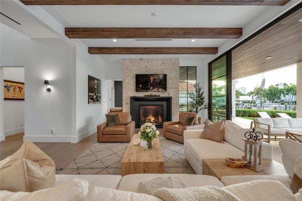 Fireplace, Interior, Living room, Recessed Lighting, Stone Walls, Wooden Beams, Wood Texture Flooring