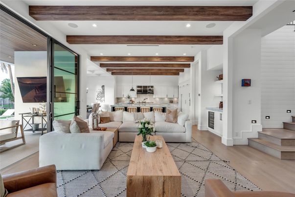 Interior, Kitchen, Living room, Pendant Lights, Recessed Lighting, Stainless Steel Appliances, Wooden Beams, Wood Texture Flooring