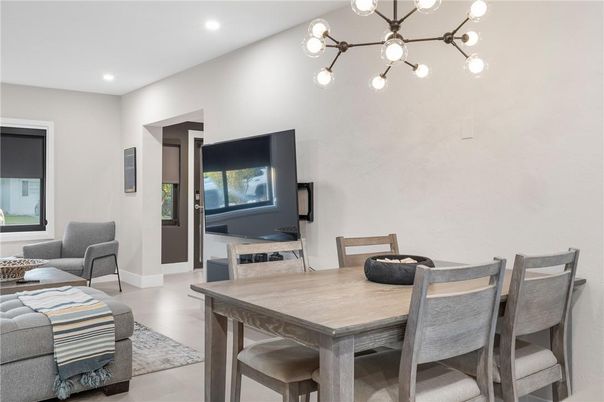 Dining room, Interior, Pendant Lights, Recessed Lighting, Wood Texture Flooring