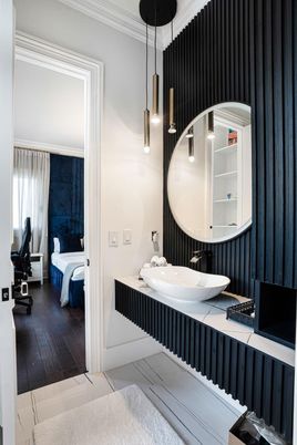 Bathroom, Bedroom, Interior, Pendant Lights, Wood Texture Flooring