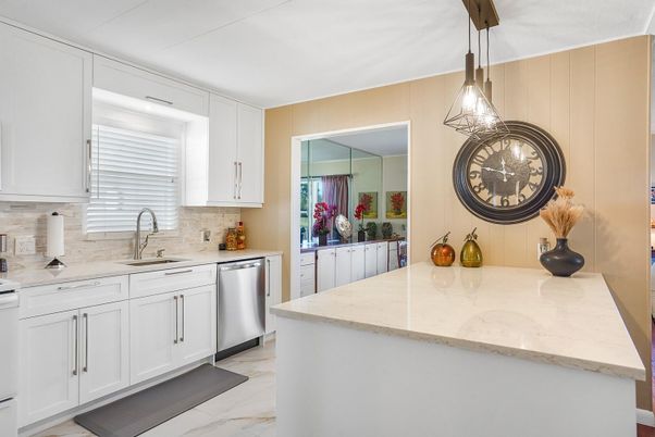 Interior, Kitchen, Marble, Pendant Lights, Stainless Steel Appliances