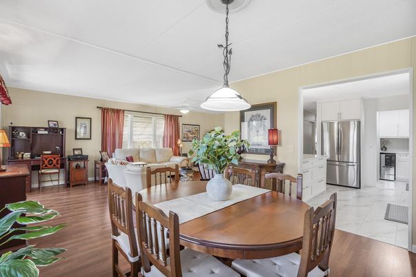 Dining room, Interior, Kitchen, Living room, Pendant Lights, Stainless Steel Appliances, Wood Texture Flooring