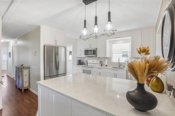 Interior, Kitchen, Pendant Lights, Stainless Steel Appliances, Wood Texture Flooring