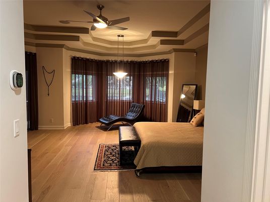 Bedroom, Interior, Pendant Lights, Wood Texture Flooring