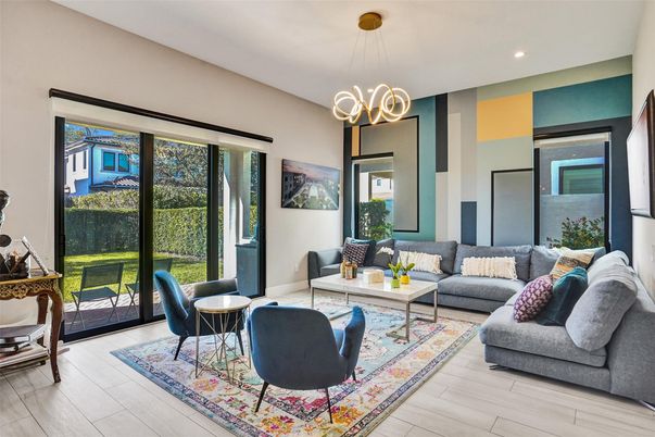 Interior, Living room, Pendant Lights, Recessed Lighting, Wood Texture Flooring