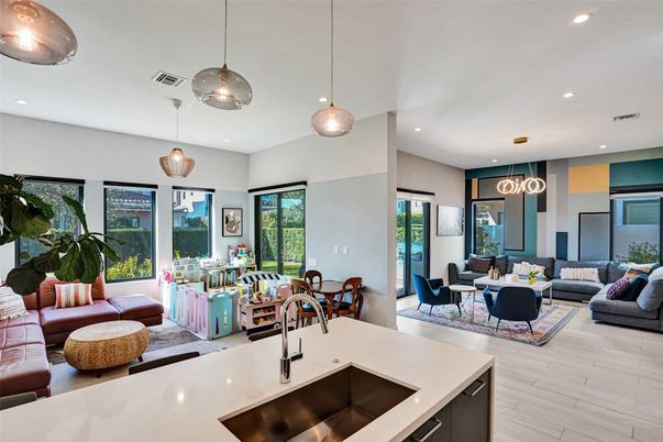 Dining room, Interior, Living room, Pendant Lights, Recessed Lighting, Wood Texture Flooring