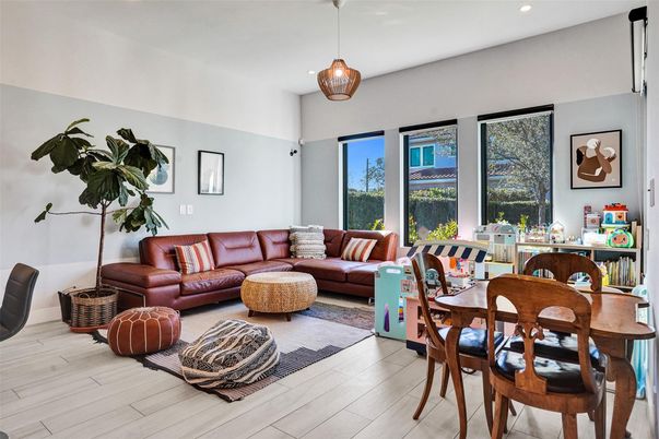 Dining room, Interior, Living room, Pendant Lights, Recessed Lighting, Wood Texture Flooring