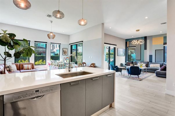 Dining room, Interior, Kitchen, Living room, Pendant Lights, Recessed Lighting, Stainless Steel Appliances, Wood Texture Flooring