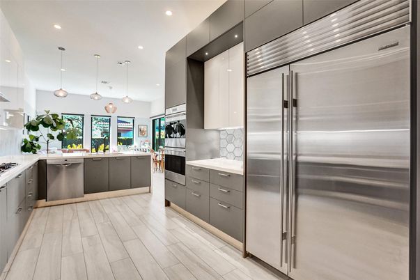 Interior, Kitchen, Pendant Lights, Recessed Lighting, Stainless Steel Appliances, Wood Texture Flooring