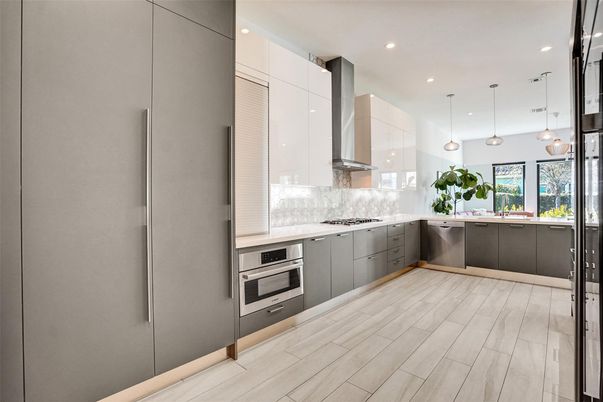 Interior, Kitchen, Pendant Lights, Recessed Lighting, Stainless Steel Appliances, Wood Texture Flooring