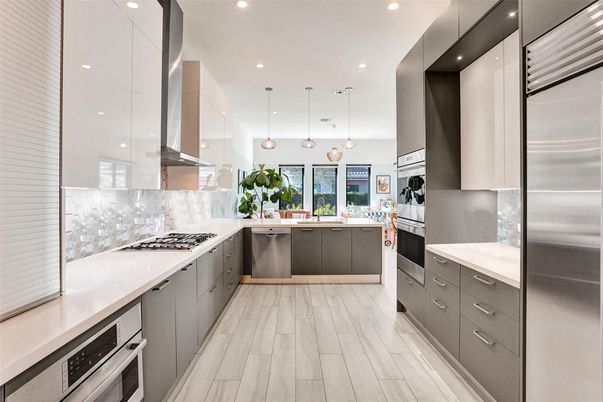 Interior, Kitchen, Pendant Lights, Recessed Lighting, Stainless Steel Appliances, Wood Texture Flooring
