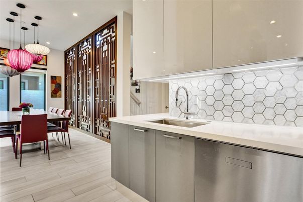 Dining room, Interior, Kitchen, Pendant Lights, Recessed Lighting, Stainless Steel Appliances, Wood Texture Flooring
