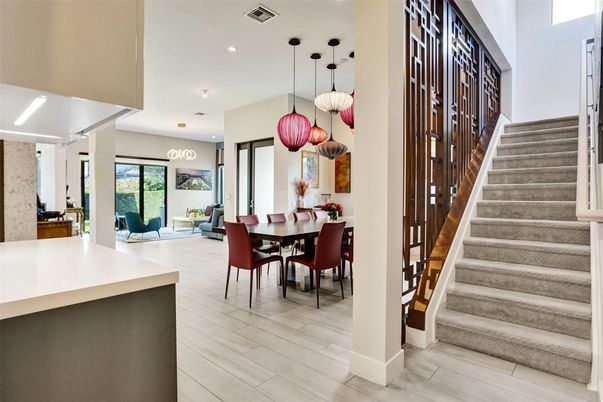 Dining room, Interior, Pendant Lights, Recessed Lighting, Wood Texture Flooring