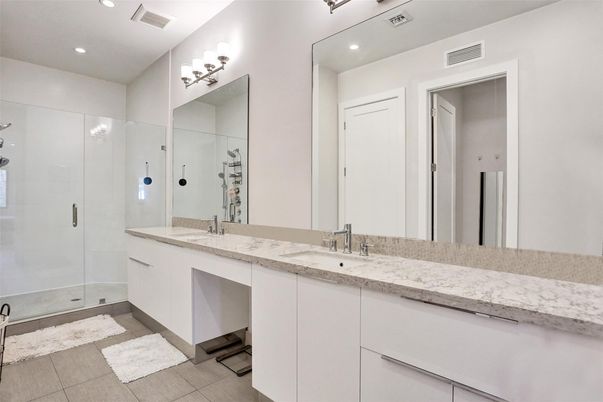 Bathroom, Dual Sink Vanities, Glass Shower, Interior, Recessed Lighting