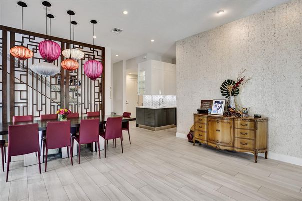Dining room, Interior, Pendant Lights, Recessed Lighting, Wood Texture Flooring
