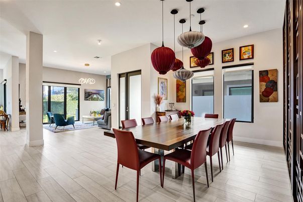 Dining room, Interior, Pendant Lights, Recessed Lighting, Wood Texture Flooring