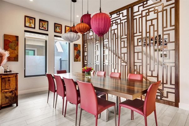 Dining room, Interior, Pendant Lights, Recessed Lighting, Wood Texture Flooring