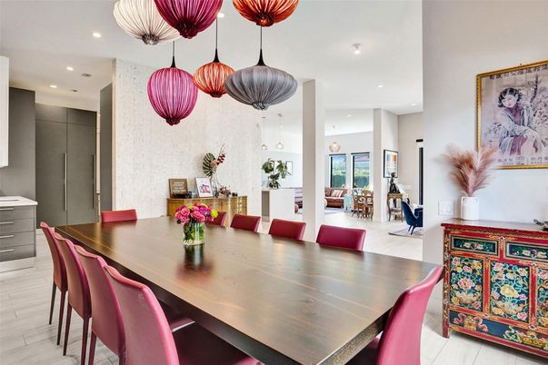 Dining room, Interior, Pendant Lights, Recessed Lighting, Wood Texture Flooring
