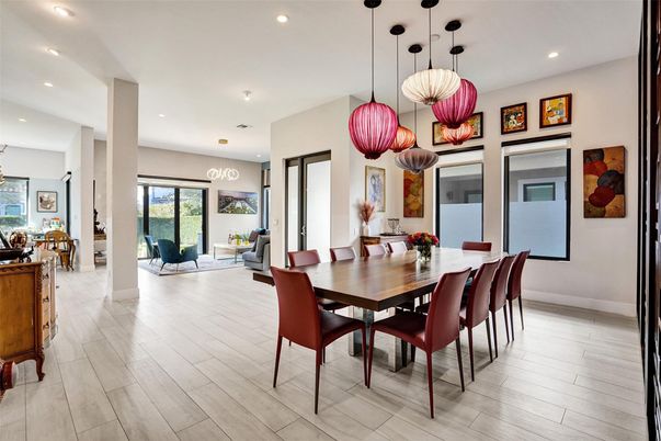 Dining room, Interior, Pendant Lights, Recessed Lighting, Wood Texture Flooring